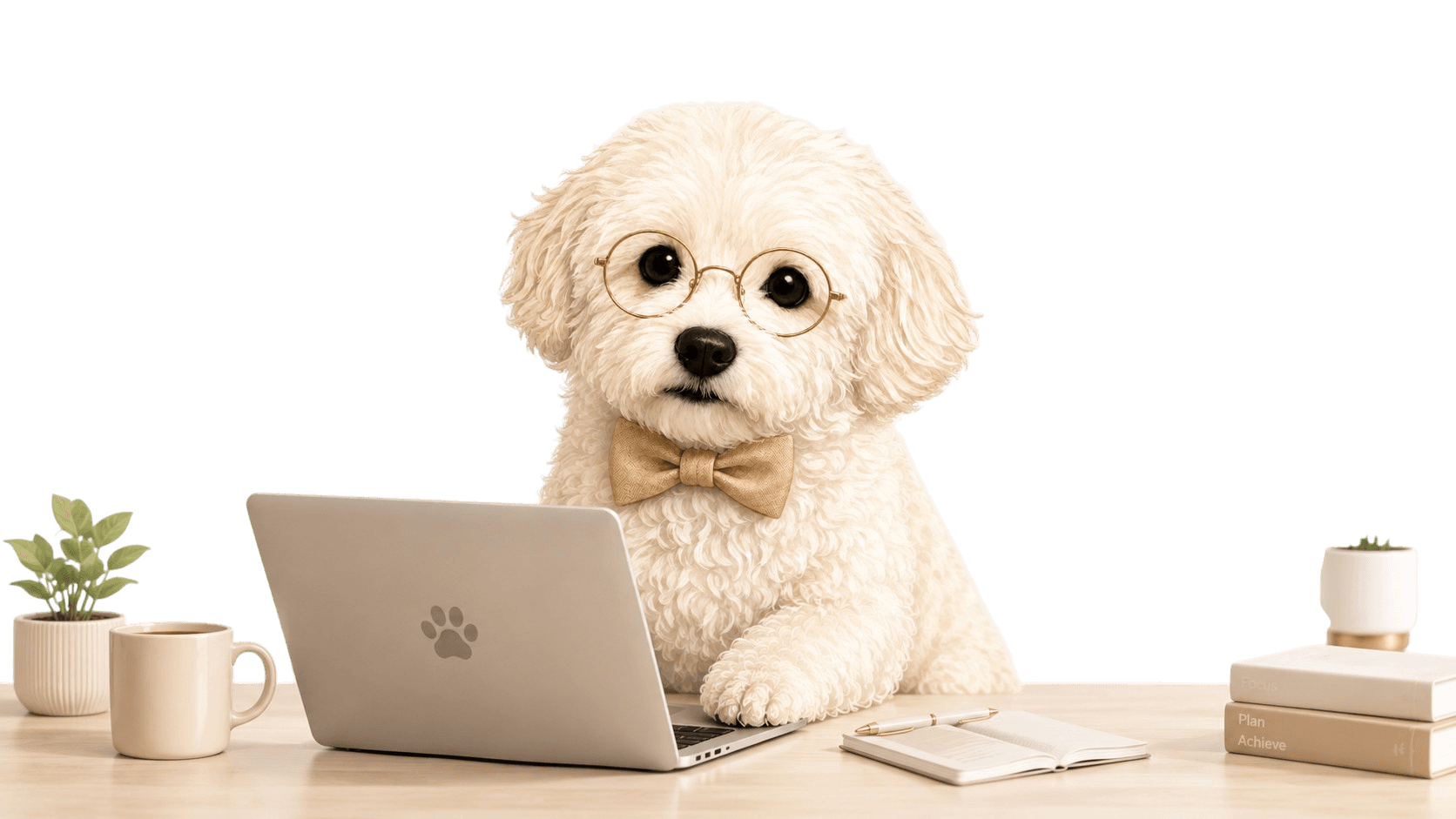 Snowy working at a laptop